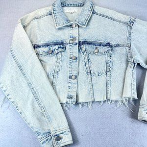 NWOT PACSUN Womens M/L Linen Trucker Cropped Frayed Soft Stonewash Jacket Beach